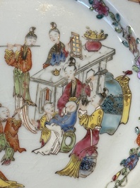 Four Chinese famille rose 'ladies playing music with children' plates, Qianlong