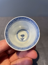 Four Chinese blue and white 'Eight Immortals' cups and saucers and five saucers, Chenghua and Lu mark, Kangxi