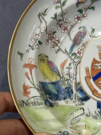 A pair of rare Chinese Canton famille rose armorial soup plates with the arms of Wight, ca. 1810