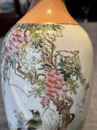 A Chinese famille rose 'birds and flowers' vase, signed Deng Xiaoyu 鄧肖禹, dated 1961