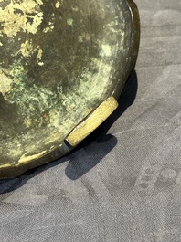 A Chinese bronze tripod censer with cover and stand, 19th C.