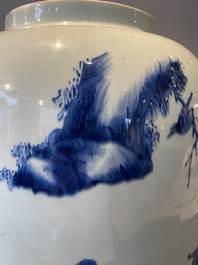 A rare Chinese blue and white lantern-shaped vase with figures in a landscape and calligraphy, Shunzi/early Kangxi