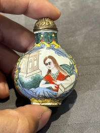 Six Chinese Peking enamel snuff bottles with European design, Qianlong mark, 19/20th C.
