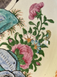 A Chinese famille verte and a famille rose dish with birds among blossom branches, 19th C.