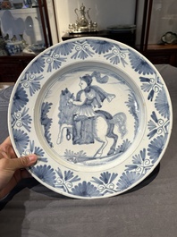 A blue and white Dutch maiolica dish with a rider on horseback, probably Harlingen, 2nd half 17th C.