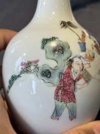A pair of Chinese famille rose vases with figural design mounted as lamps, 19th C.