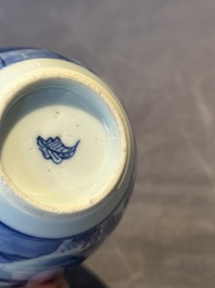 A Chinese blue and white silver mounted tea caddy with a river landscape, Kangxi