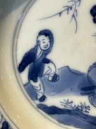 A Chinese blue and white vase, a covered bowl and six saucers, Chenghua and artemisia leaf mark, Kangxi