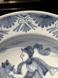 A blue and white Dutch maiolica dish with a rider on horseback, probably Harlingen, 2nd half 17th C.