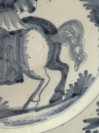 A blue and white Dutch maiolica dish with a rider on horseback, probably Harlingen, 2nd half 17th C.