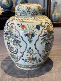 A Chinese famille verte 'figures and antiquities' jar and cover, Kangxi