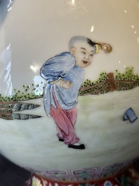 A Chinese famille rose 'hu' vase with playing boys, Qianlong mark, 20th C.