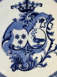 A Chinese blue and white armorial dish with an alliance coat of arms, Qianlong