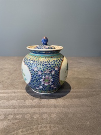 A Chinese blue, white and famille rose tea service, three famille rose bowls, a plate and a covered jar, 19th C.