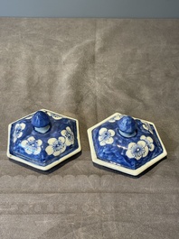 A pair of Chinese blue and white hexagonal jars and covers with a lady holding a fan, 19th C.