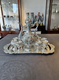 A rare Chinese silver, enamel and hardstone coffee set with matching tray, 20th C.