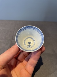 Four Chinese blue and white 'Eight Immortals' cups and saucers and five saucers, Chenghua and Lu mark, Kangxi