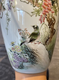 A Chinese famille rose 'birds and flowers' vase, signed Deng Xiaoyu 鄧肖禹, dated 1961