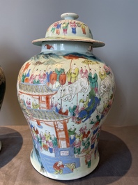 A pair of Chinese famille rose 'hundred boys' vases and covers on wooden stands, 19th C.
