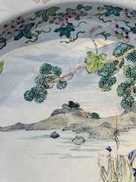 A large Chinese Canton enamel dish with scholars in a landscape, Yongzheng