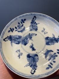 Four Chinese blue and white 'Eight Immortals' cups and saucers and five saucers, Chenghua and Lu mark, Kangxi
