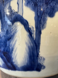 A rare Chinese blue and white lantern-shaped vase with figures in a landscape and calligraphy, Shunzi/early Kangxi