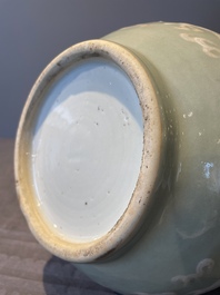 A Chinese celadon-ground slib design 'dragon' vase and Chinese blue and white vase or incense container, 19th C.