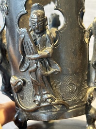 Two Chinese Chinese bronze cylindrical incense stick holders and a covered censer, Yuan/Ming and Qing