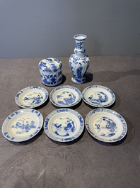 A Chinese blue and white vase, a covered bowl and six saucers, Chenghua and artemisia leaf mark, Kangxi