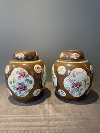 A pair of Chinese capucin-brown-ground famille rose covered jars with floral design, Yongzheng/Qianlong