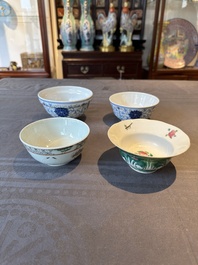 Two Chinese blue, white and famille rose bowls and two famille rose bowls, Guangxu and Shen De Tang mark, 19th C.