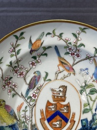 A pair of rare Chinese Canton famille rose armorial soup plates with the arms of Wight, ca. 1810