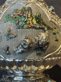 A rare Chinese silver, enamel and hardstone coffee set with matching tray, 20th C.