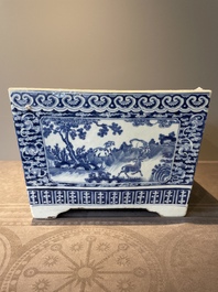 A square Chinese blue and white 'three rams' jardiniere, 19th C.