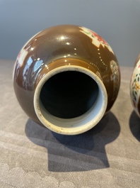 A Chinese capucin-brown-ground famille rose garniture of five vases with floral design, Qianlong