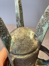 Three Chinese archaic bronze wine vessels, Zhou or later
