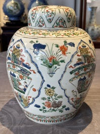 A Chinese famille verte 'figures and antiquities' jar and cover, Kangxi