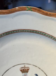 A Chinese export famille rose dish with a crowned coat of arms of the King's Club for the Danish market, Qianlong