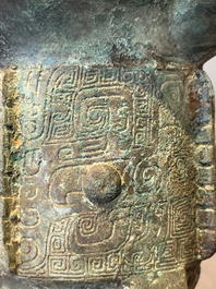 Three Chinese archaic bronze wine vessels, Zhou or later