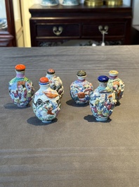 Six Chinese moulded famille rose snuff bottles, Qianlong mark, 19th C.
