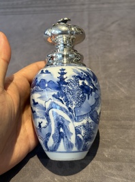 A Chinese blue and white silver mounted tea caddy with a river landscape, Kangxi