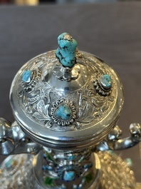 A rare Chinese silver, enamel and hardstone coffee set with matching tray, 20th C.