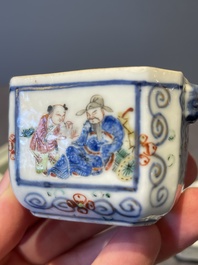 A Chinese blue, white and famille rose tea service, three famille rose bowls, a plate and a covered jar, 19th C.