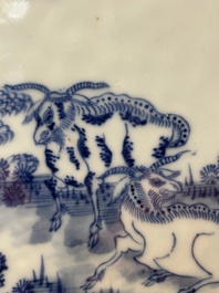 A square Chinese blue and white 'three rams' jardiniere, 19th C.