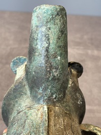 Three Chinese archaic bronze wine vessels, Zhou or later