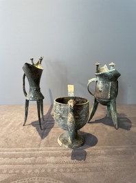Three Chinese archaic bronze wine vessels, Zhou or later