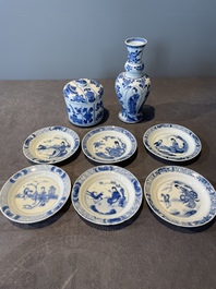 A Chinese blue and white vase, a covered bowl and six saucers, Chenghua and artemisia leaf mark, Kangxi