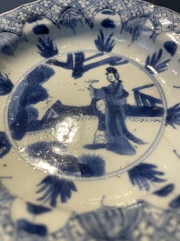 Four Chinese blue and white 'Eight Immortals' cups and saucers and five saucers, Chenghua and Lu mark, Kangxi
