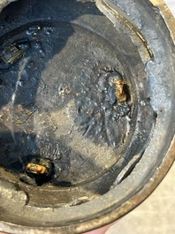 Two Chinese Chinese bronze cylindrical incense stick holders and a covered censer, Yuan/Ming and Qing