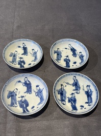 Four Chinese blue and white 'Eight Immortals' cups and saucers and five saucers, Chenghua and Lu mark, Kangxi